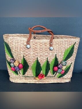 Vintage Rattan Large Beach Bag Woven Utility Grocery Reusable Book Bag Travel